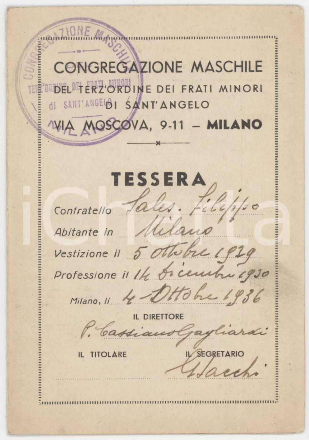 1936 MILANO Congregazione maschile Terz'ordine frati minori Sant'Angelo Tessera