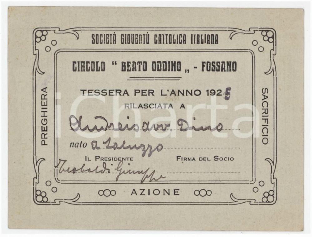 1925 FOSSANO Gioventù Cattolica Italiana - Tessera del Circolo Beato Oddino