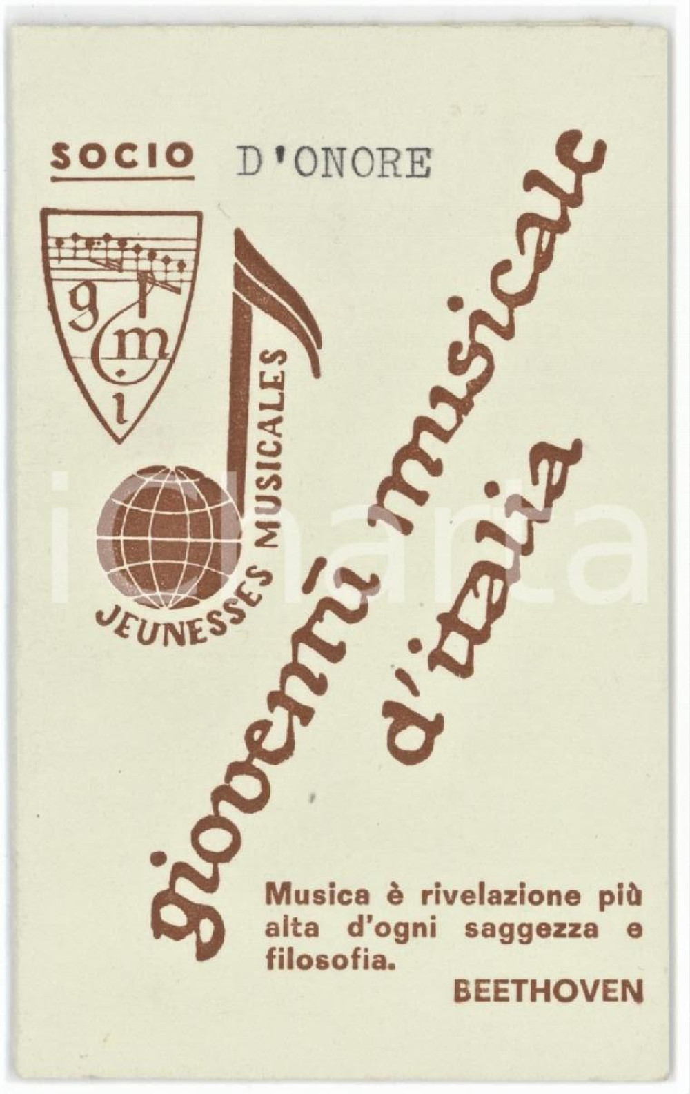 1968 MILANO Gioventù Musicale d'Italia JEUNESSE MUSICALES Tessera socio d'onore