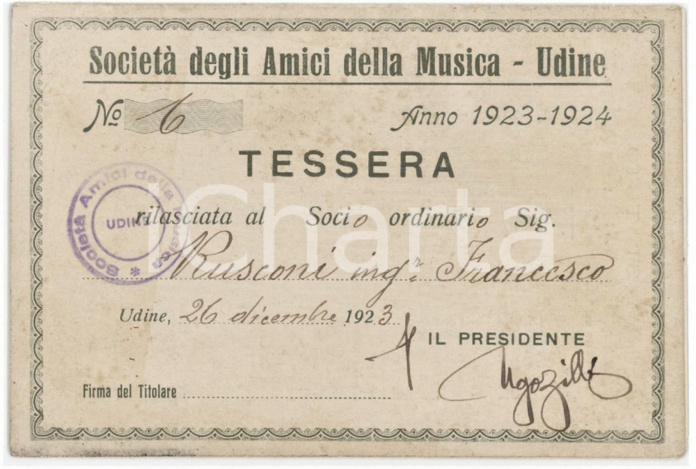 1923 UDINE Società degli amici della musica - Tessera 11x7 cm