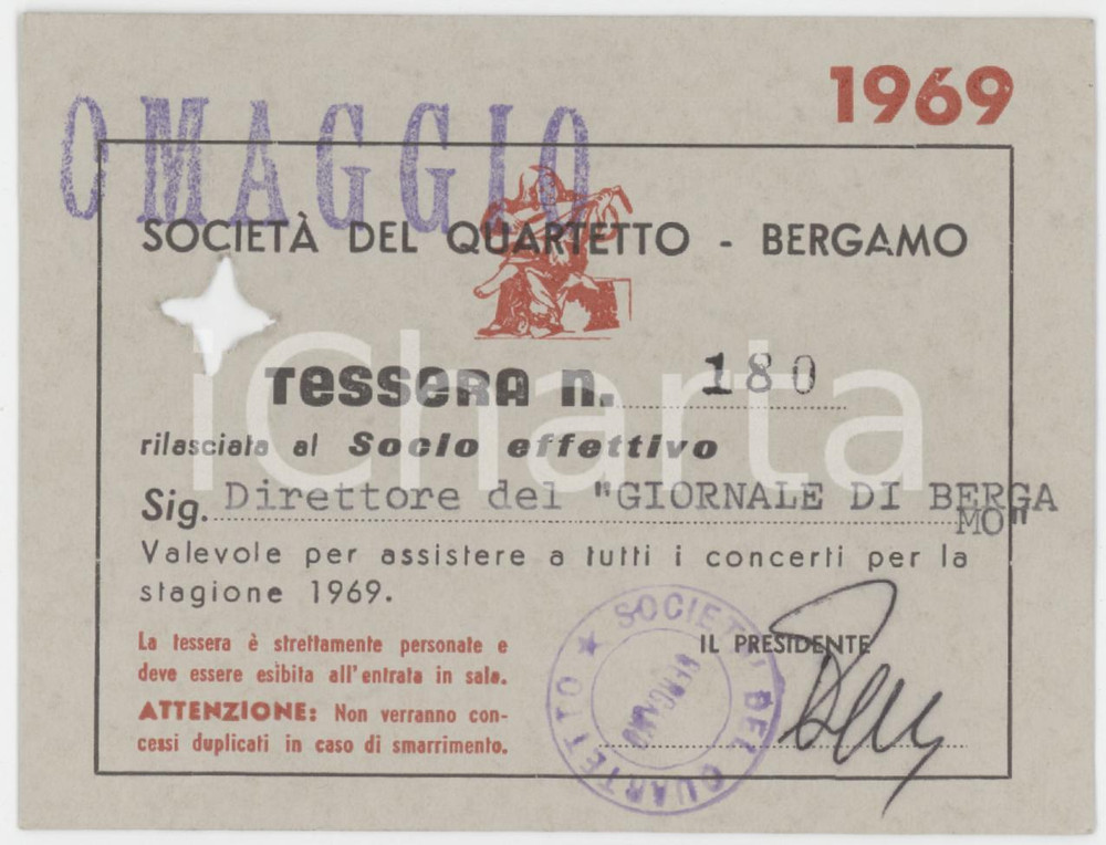 1969 BERGAMO Società del quartetto - Tessera direttore del Giornale di Bergamo