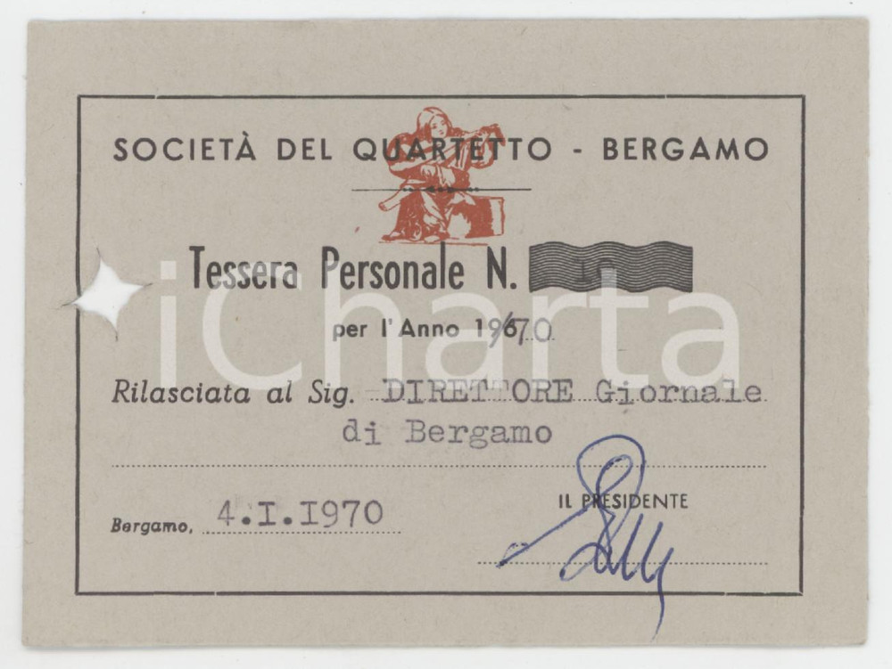 1970 BERGAMO Società del quartetto - Tessera direttore del Giornale di Bergamo