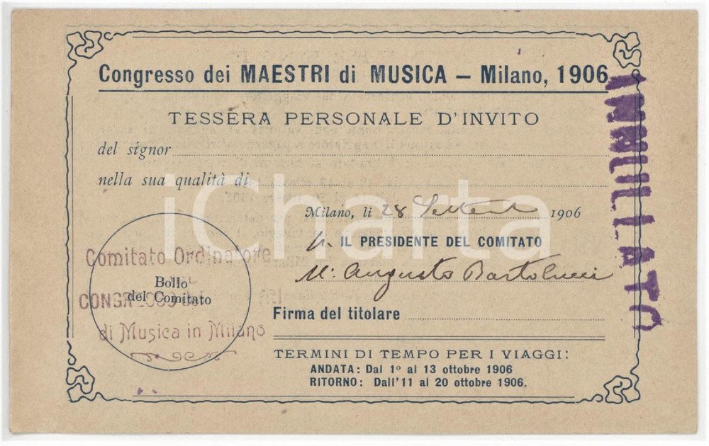 1906 MILANO Congresso Maestri di Musica - Tessera d'invito 14x8 cm