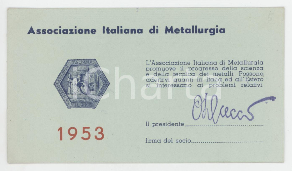 1953 MILANO Ass. Metallurgia - Tessera Giovanni ROLANDI Presidente MONTEVECCHIO