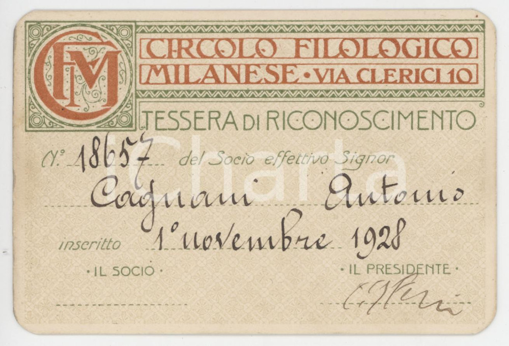 1928 MILANO Circolo filologico milanese - Tessera Antonio CAGNANI 10x7 cm