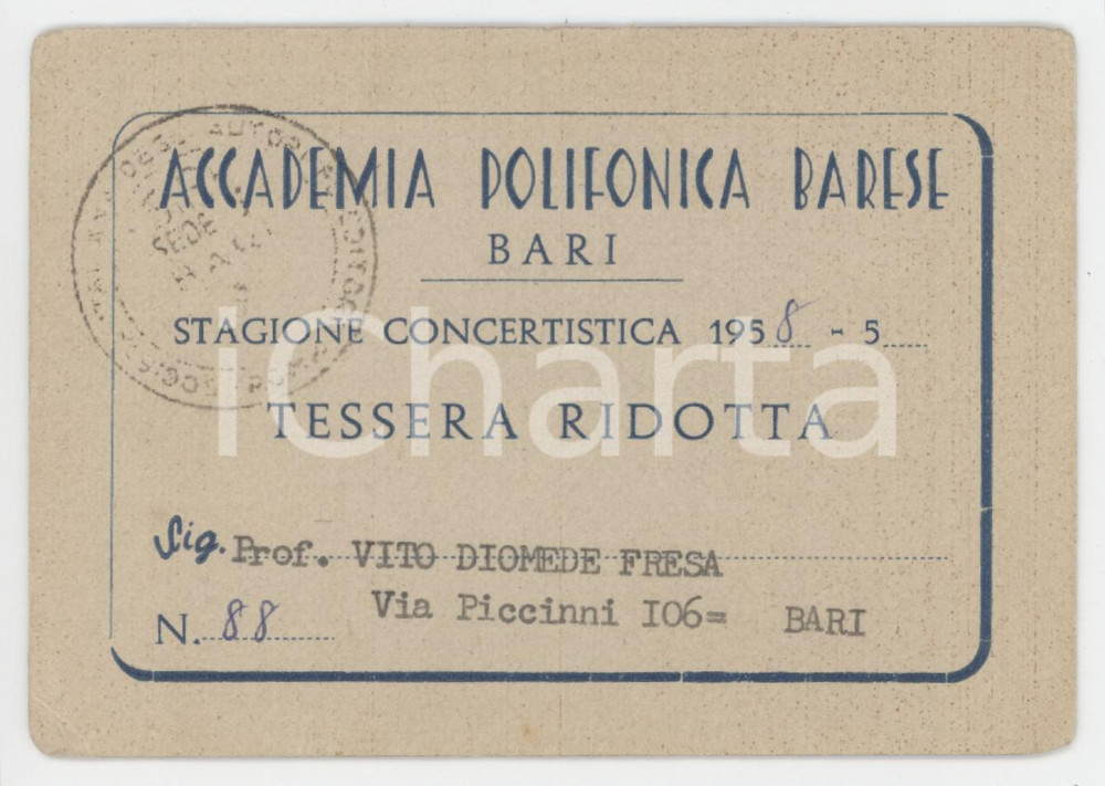 1958 BARI Accademia Polifonica Barese - Tessera di Vito Diomede FRESA 10x7 cm