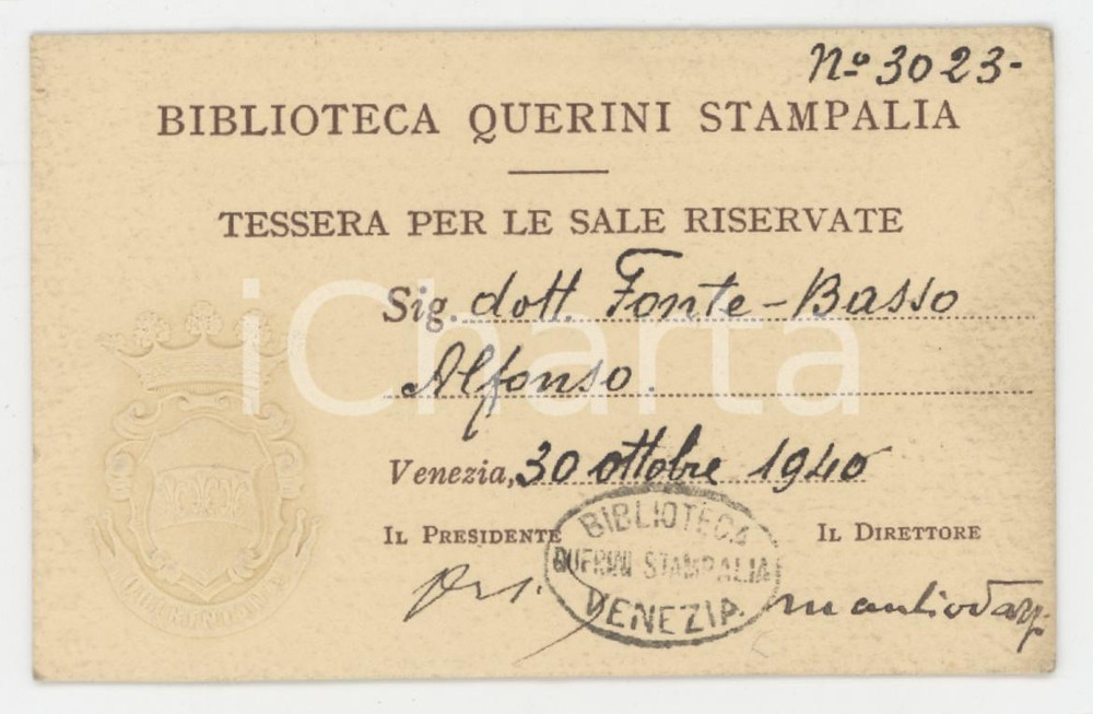 1940 VENEZIA Biblioteca QUERINI - STAMPALIA Tessera Carlo Alfonso FONTE BASSO