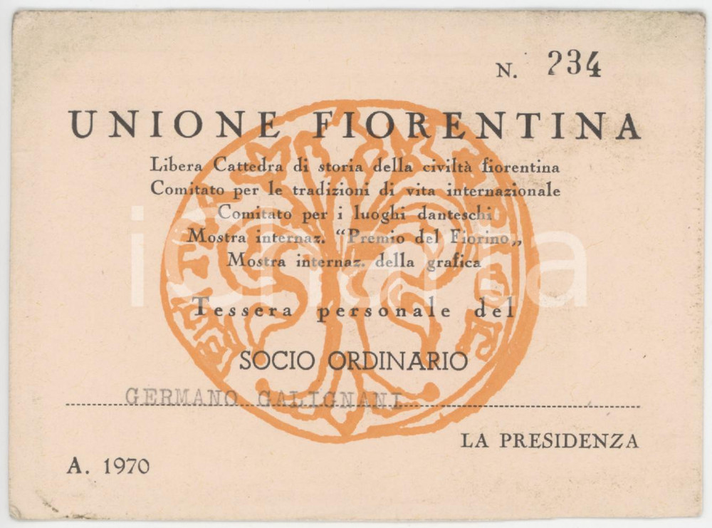 1970 FIRENZE Palazzo Strozzi - Unione Fiorentina - Tessera socio ordinario 11x8