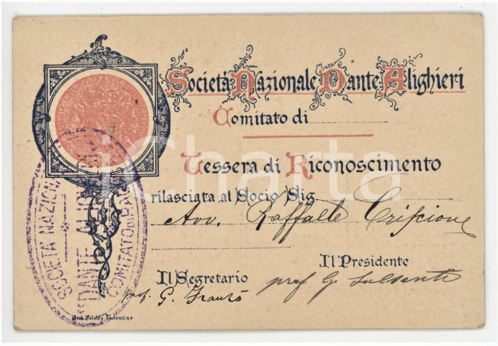 1912 RAGUSA Società Nazionale Dante Alighieri - Tessera 11x7 cm