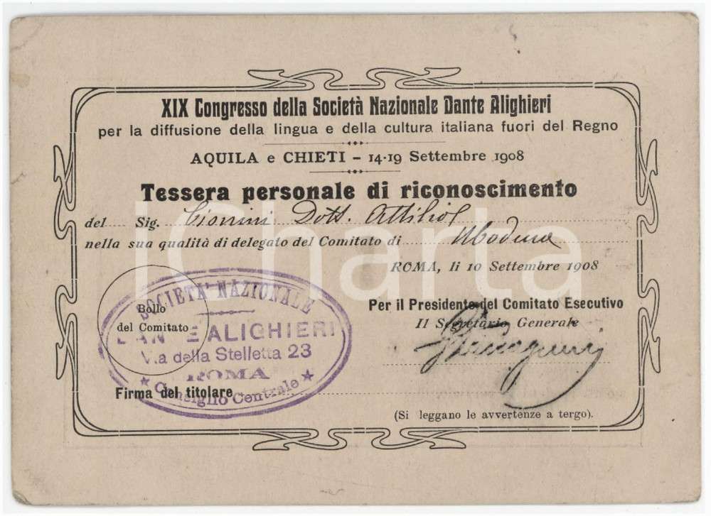 1908 L'ACQUILA XIX Congresso Società Dante Alighieri - Tessera Attilio CIONINI