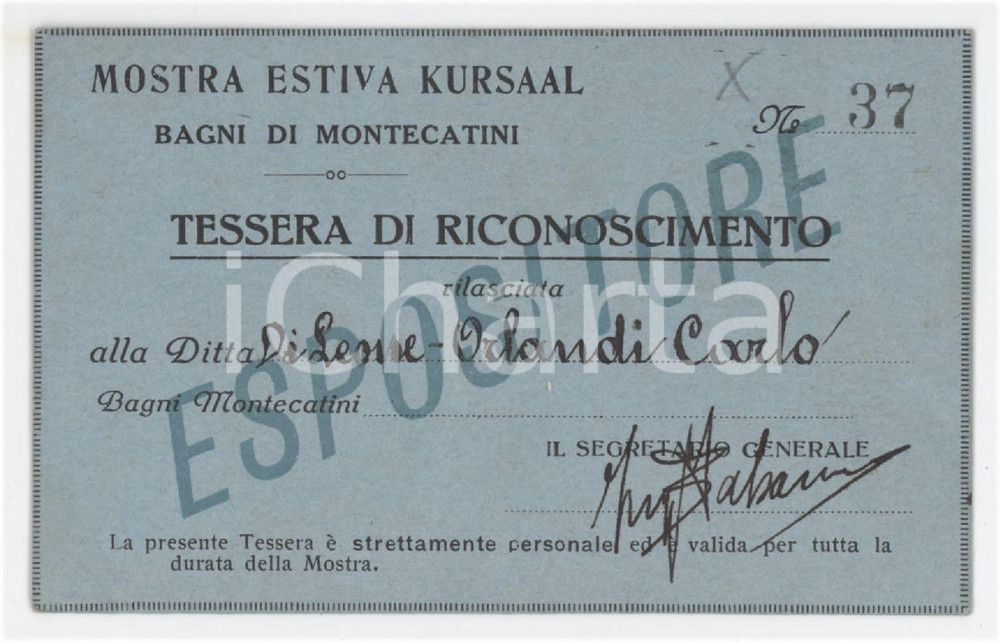 1930 ca BAGNI DI MONTECATINI MOstra estiva Kursaal - Tessera espositore 10x6 cm