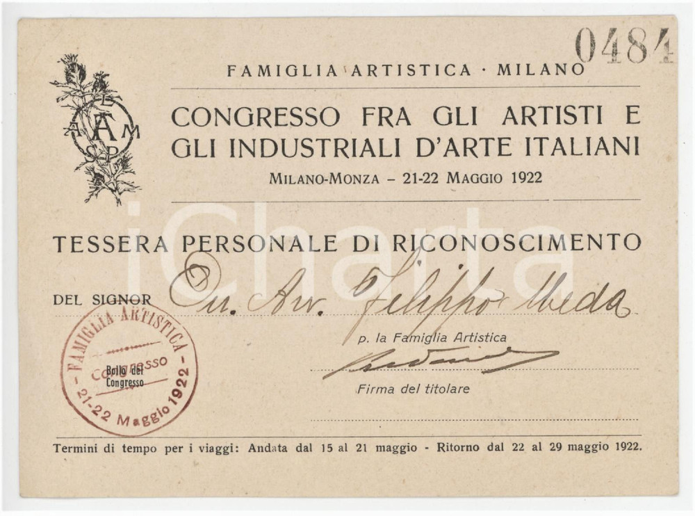 1922 MILANO Congresso tra artisti e industriali - Tessera di Filippo MEDA 12x9