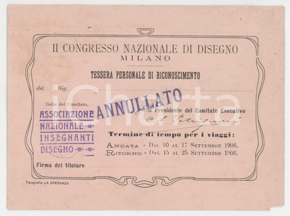 1906 MILANO - II congresso di disegno - Tessera con timbro di annullo 13x10 cm