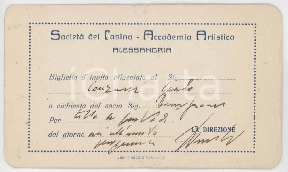 1930 ca ALESSANDRIA Società del Casino - Accademia artistica - Tessera 13x8 cm