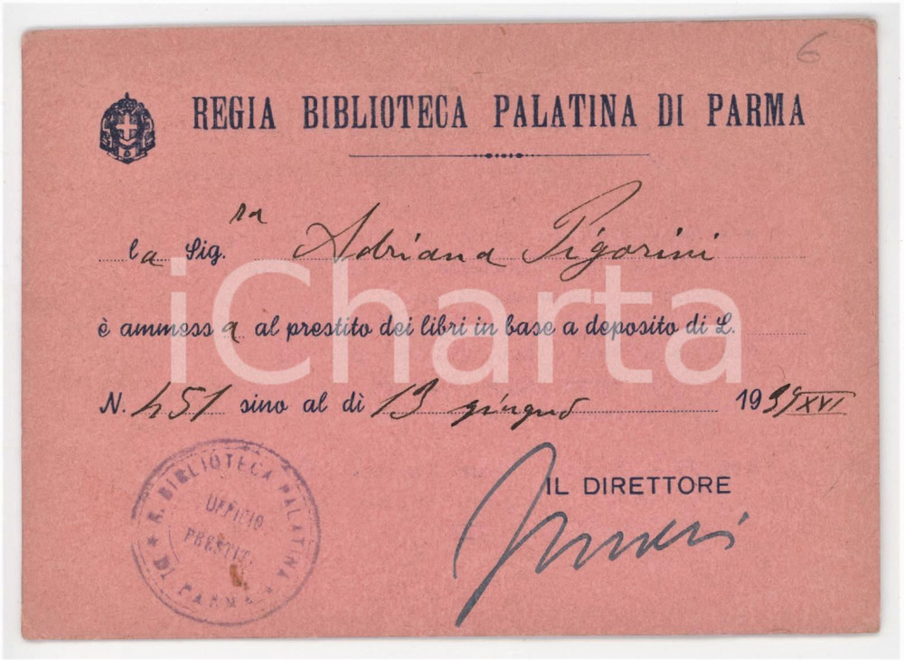 1939 PARMA Regia Biblioteca Palatina - Tessera di Adriana PIGORINI - 12x9 cm