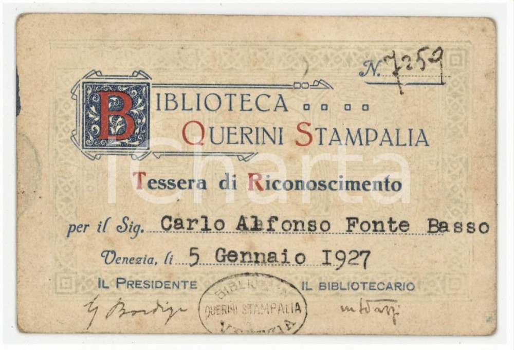 1927 VENEZIA Biblioteca QUERINI - STAMPALIA Tessera Carlo Alfonso FONTE BASSO