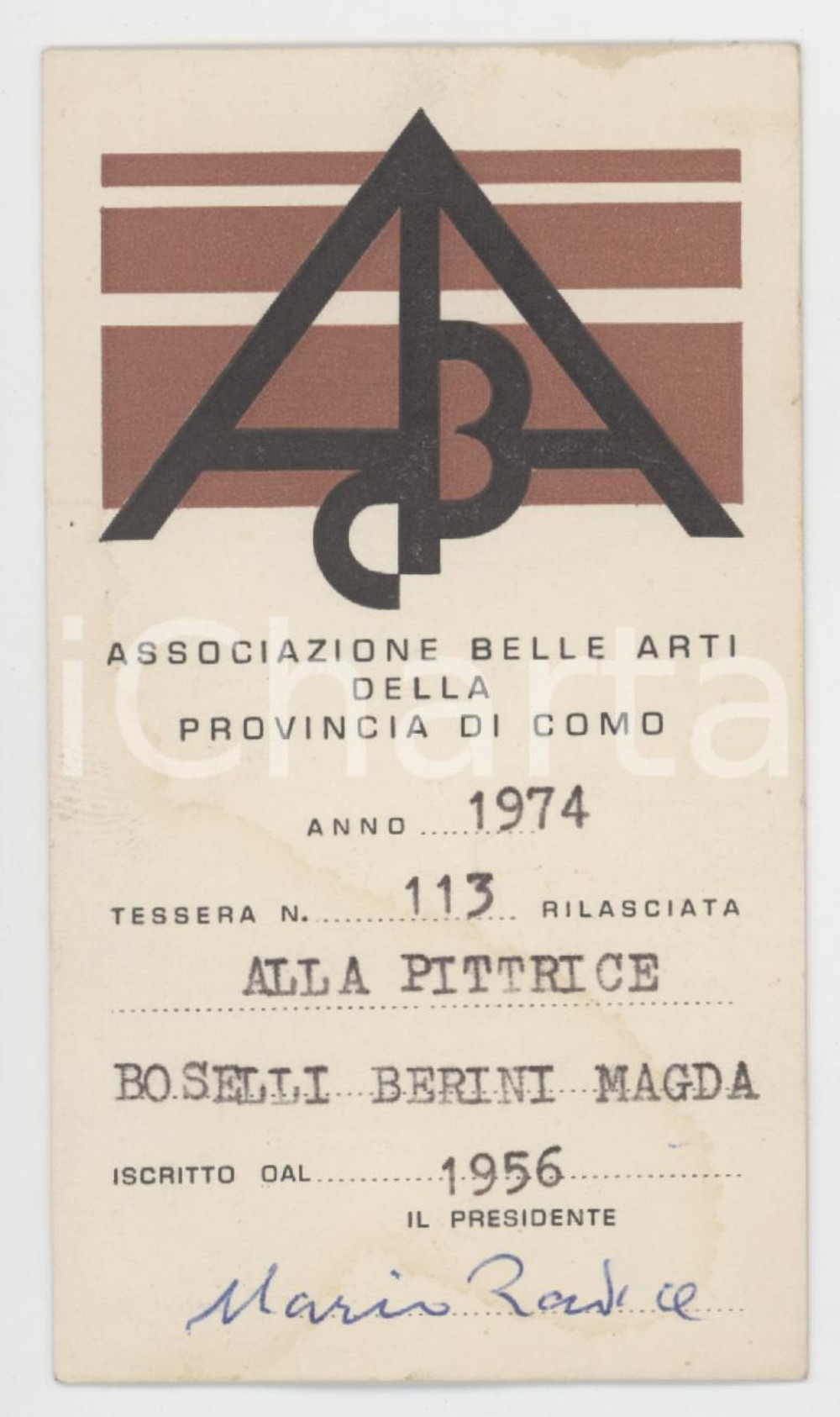 1974  COMO - ABAC Associazione Belle Arti - Tessera 6x10 cm