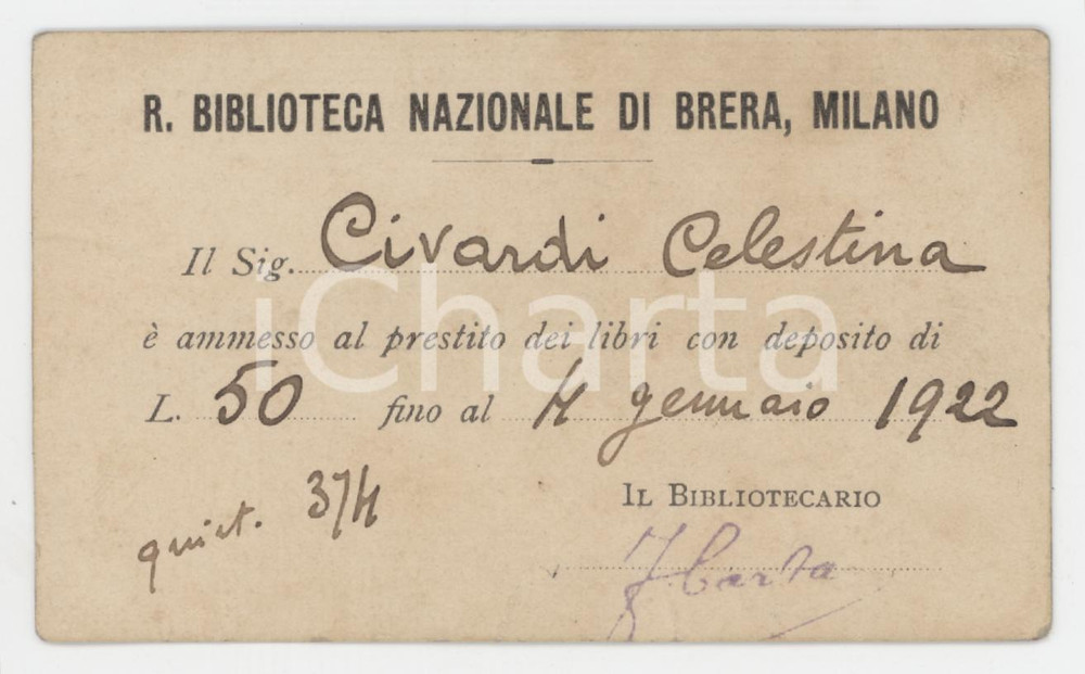 1922 MILANO Regia Biblioteca Nazionale di Brera - Tessera di Celestina CIVARDI