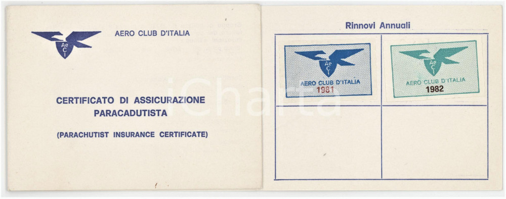 1981 AERO CLUB D'ITALIA Certificato di assicurazione paracadutista - Tessera