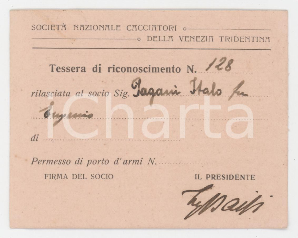 1925 VENEZIA TRIDENTINA Società Nazionale Cacciatori - Tessera 9x7 cm