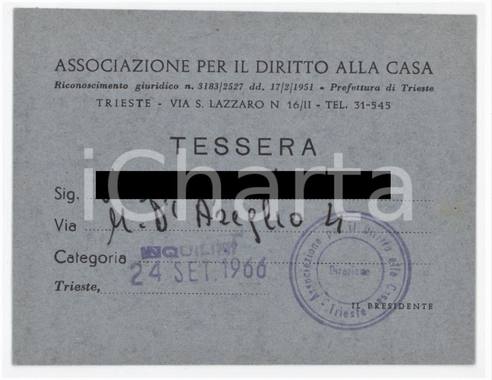 1966 TRIESTE Associazione per il diritto alla casa - Tessera categoria inquilini