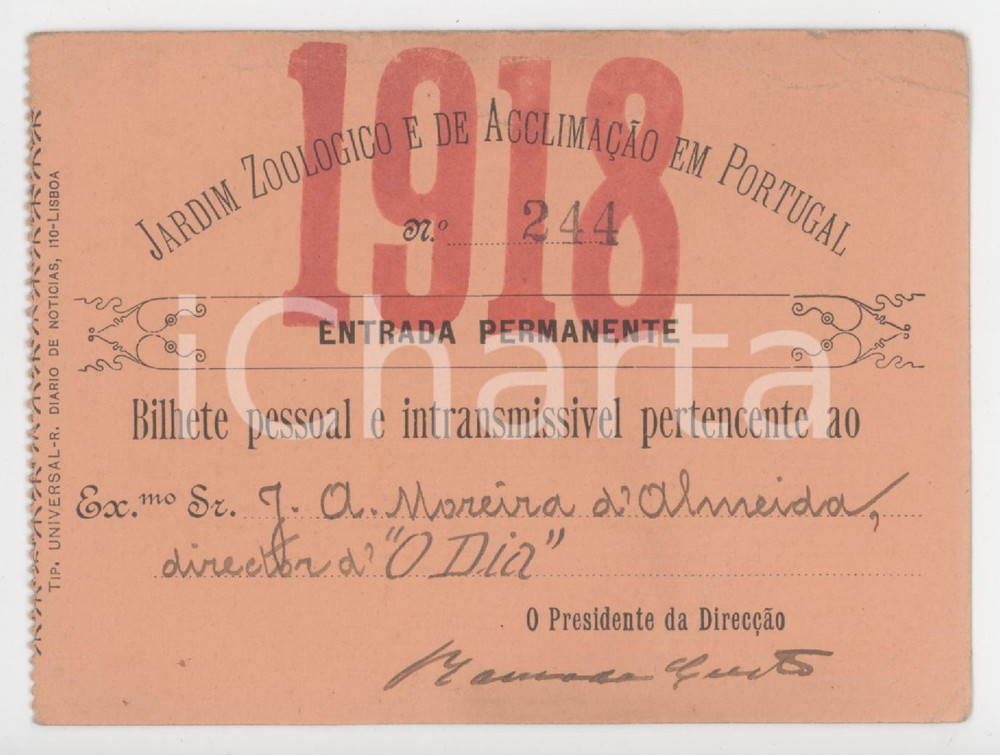 1918 LISBOA Jardim zoologico - Bilhete de José Augusto MOREIRA DE ALMEIDA 11x8