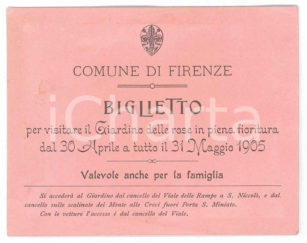 1905 FIRENZE Biglietto per visita al Giardino delle Rose in piena fioritura