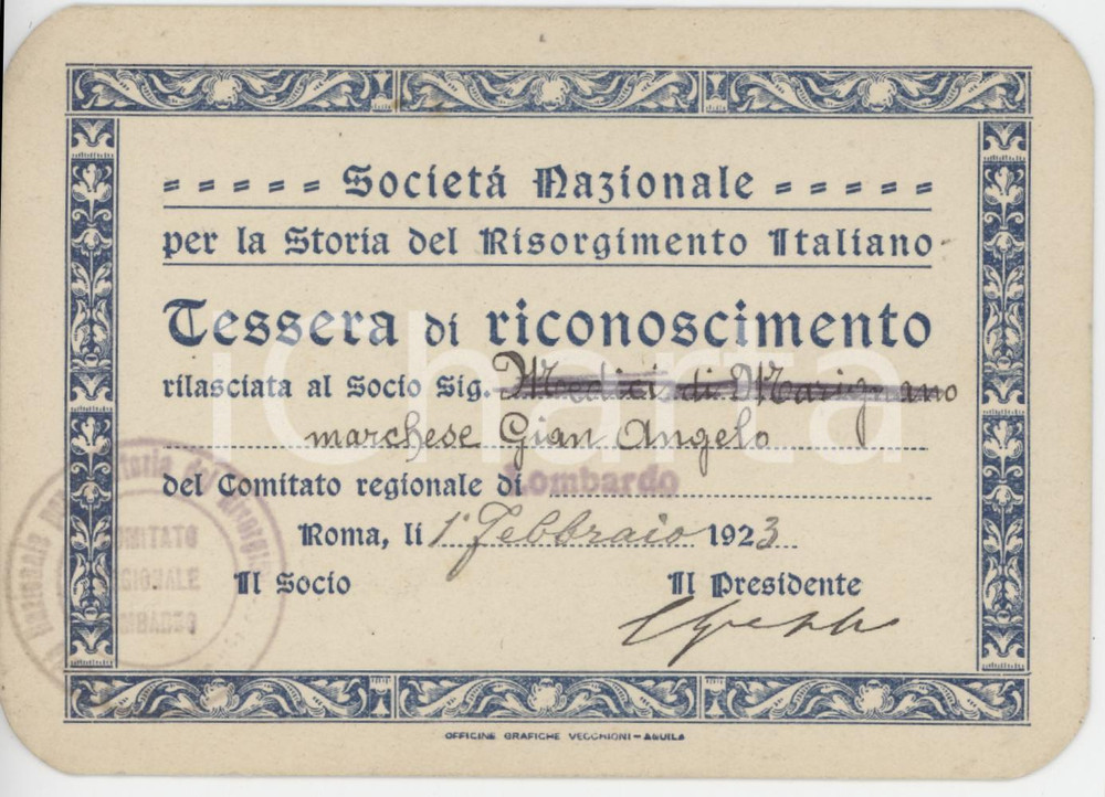 1923 Società per la storia RISORGIMENTO Comitato regionale lombardo - Tessera