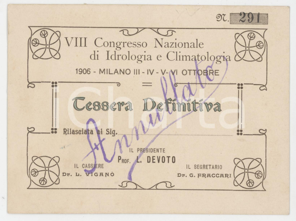 1906 MILANO - VIII Congresso di idrologia e climatologia - Tessera con annullo