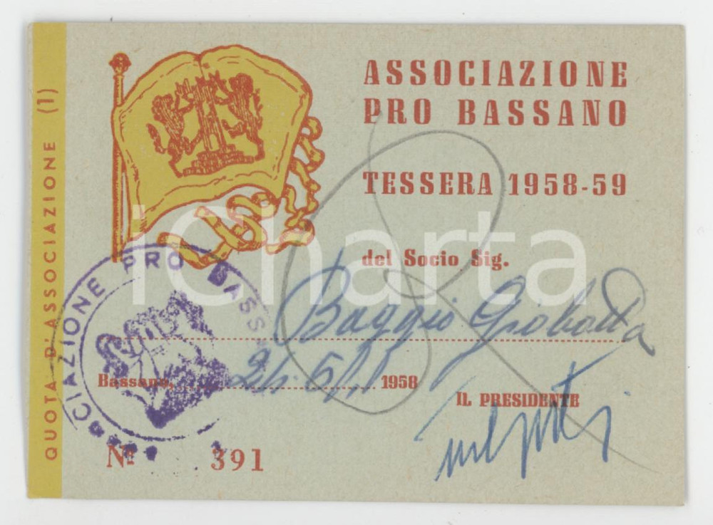 1958 BASSANO DEL GRAPPA Associazione Pro Bassano - Tessera di Giobatta BAGGIO