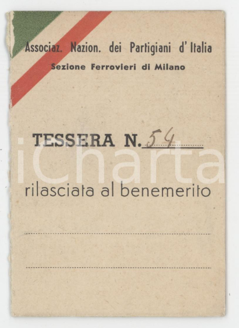1955 ca ANPI Sezione ferrovieri di Milano - Tessera Associazione Partigiani 6x9