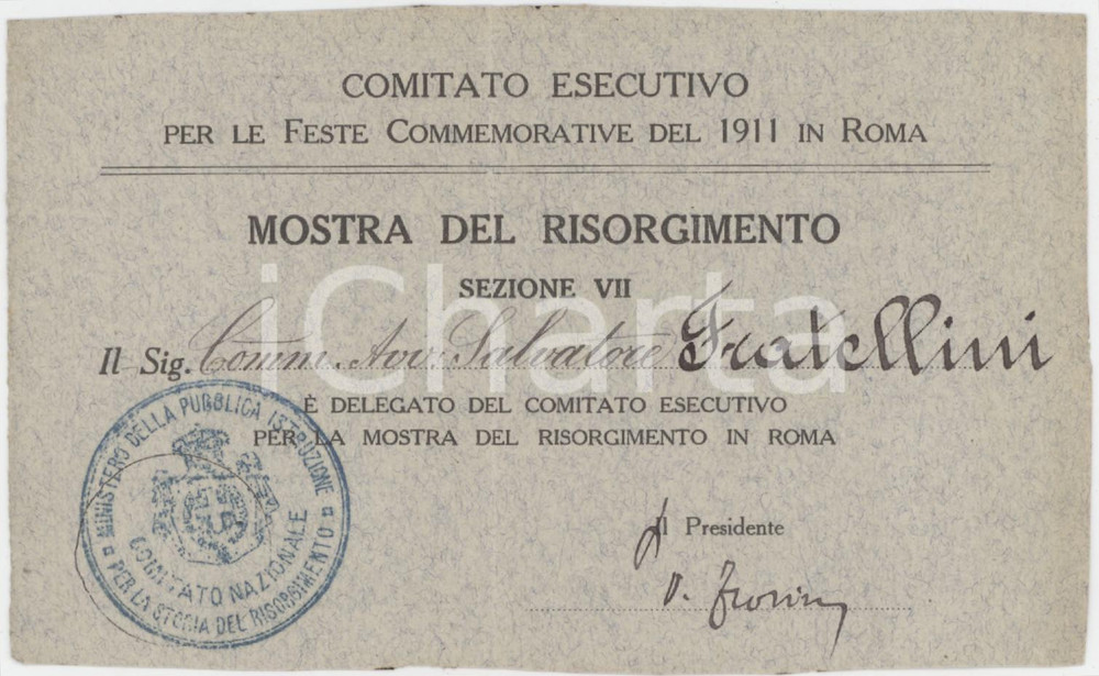 1911 ROMA Mostra del RISORGIMENTO Tessera di Salvatore FRATELLINI 12x8 cm