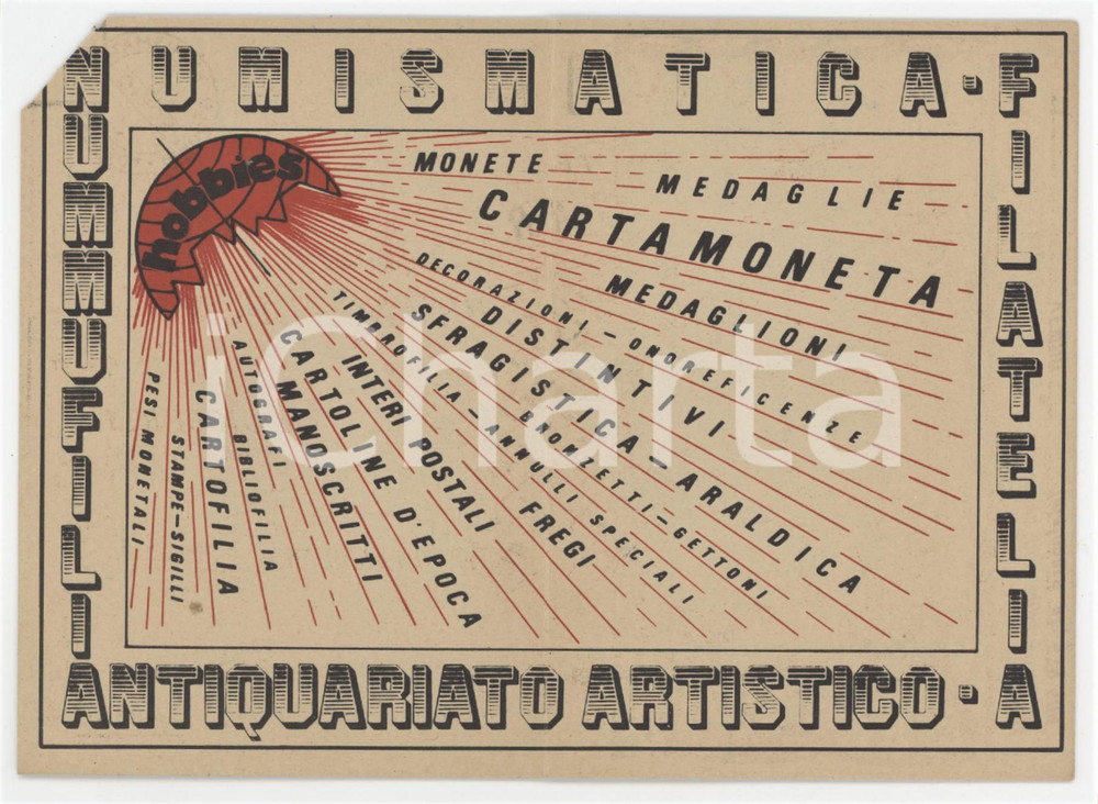 1960 ca TORINO Circolo Numismatico Cav. Giordanobruno BRANCALEON Tessera 7x10 cm