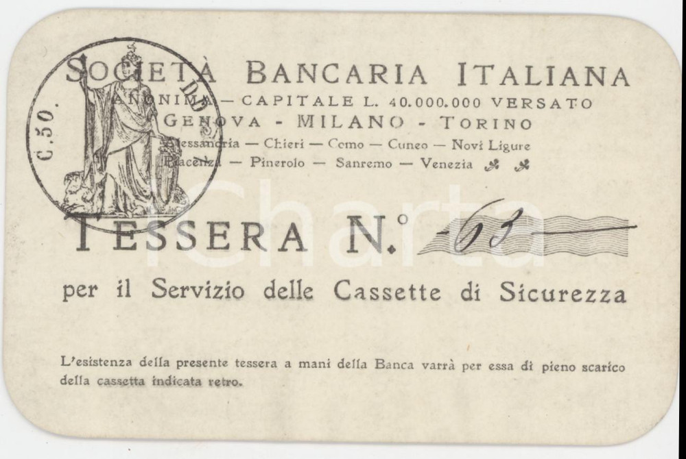 1912 ALESSANDRIA Soc. Bancaria - Tessera Filiberto PARIS Cassetta di sicurezza