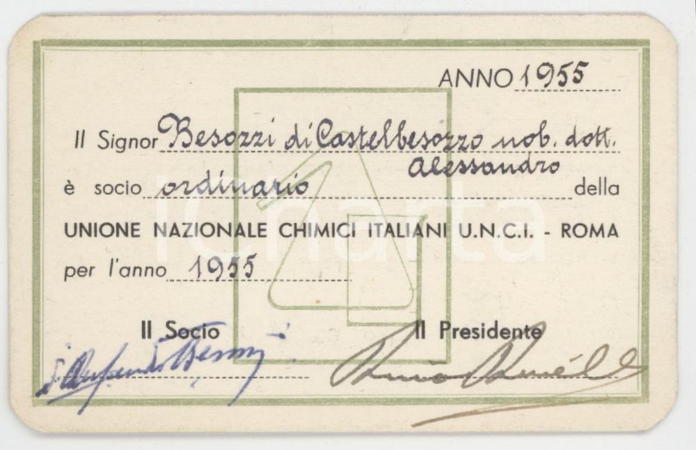 1955 UNCI Unione Chimici Italiani - Tessera Alessandro BESOZZI DI CASTELBESOZZO
