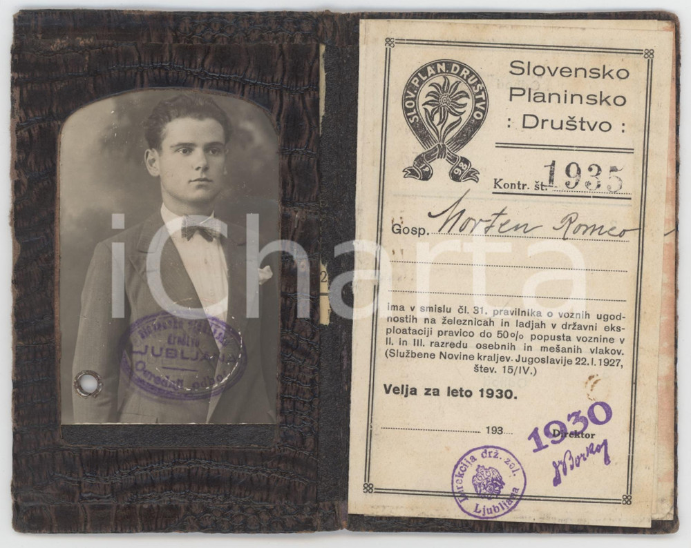 1930 SLOVENIA Slovensko Planisko Drustvo - Tessera di Romeo MORTEN 7x12 cm