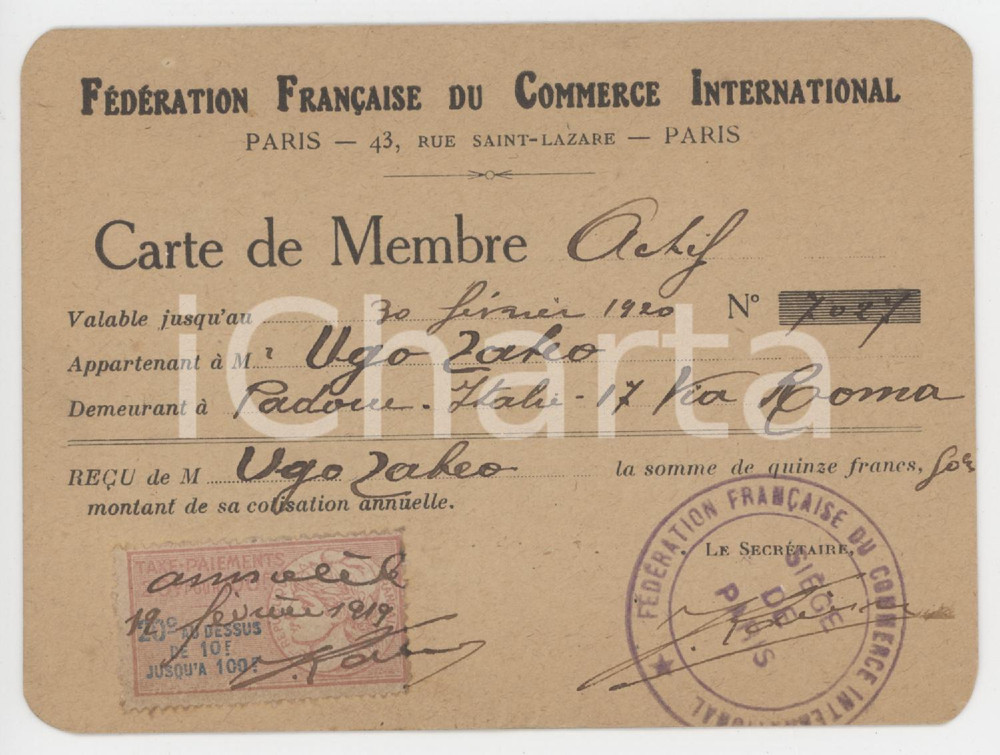 1920 PARIS Fedération Francaise Commerce International - Carte Ugo ZABEO Padova