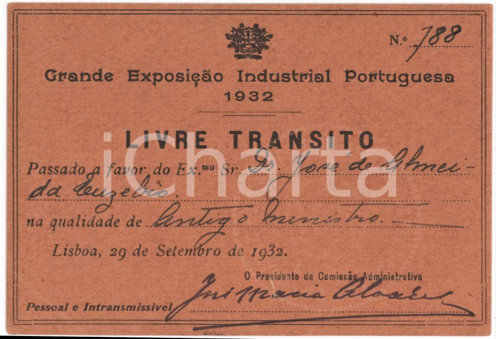 1932 LISBOA GRande Exposicao Industrial Portuguesa - Livre transito 11x7 cm