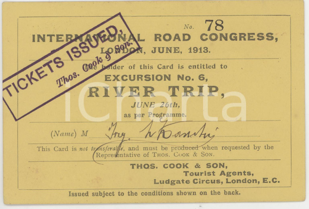 1913 LONDON INternational Road Congress - Card for river trip - Ticket 12x8 cm