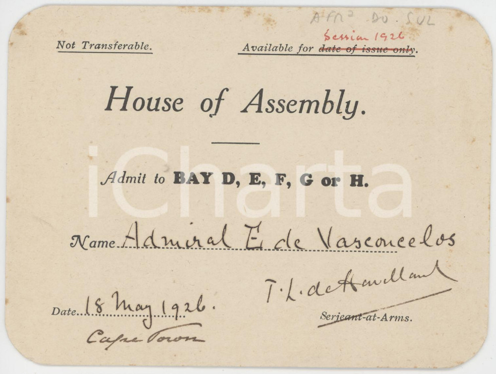 1926 UK - HOUSE OF ASSEMBLY Admission to bay for Admiral E. DE VASCONCELOS Card