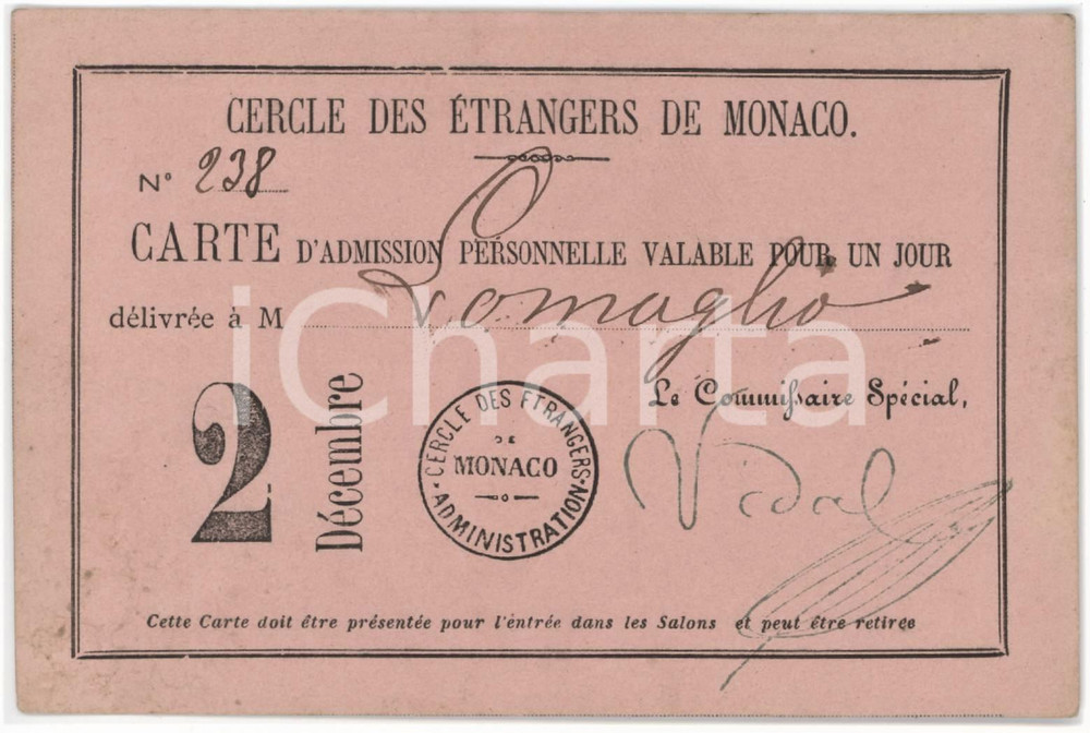 1885 ca MONACO Cercle des étrangers - Carte d'admission personnelle 12x8 cm