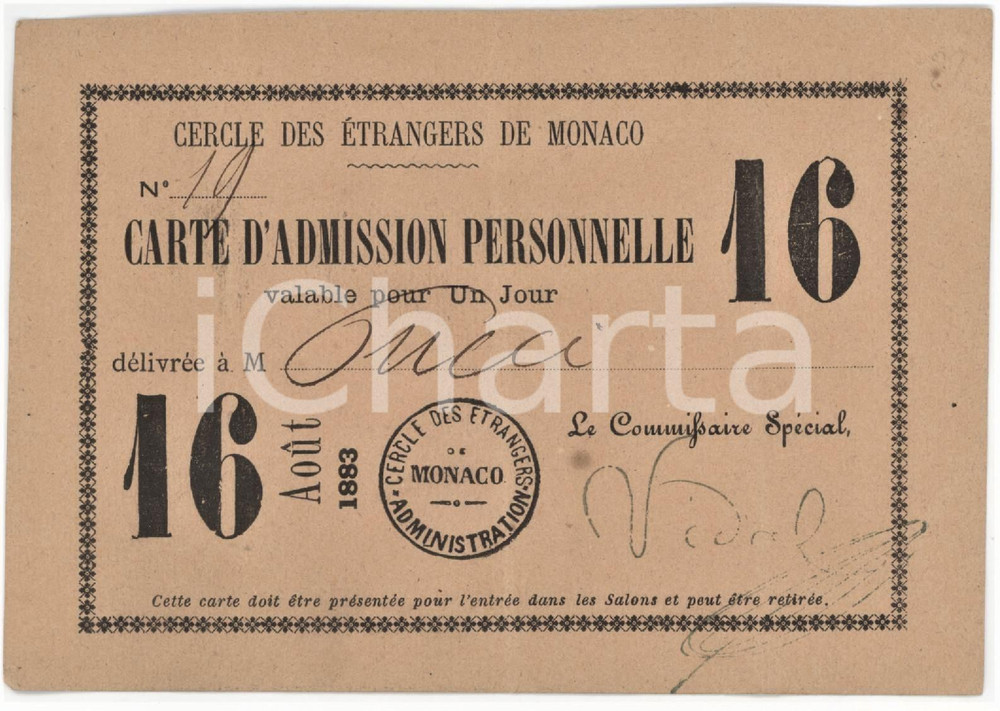 1883 MONACO Cercle des étrangers - Carte d'admission personnelle 13x9 cm