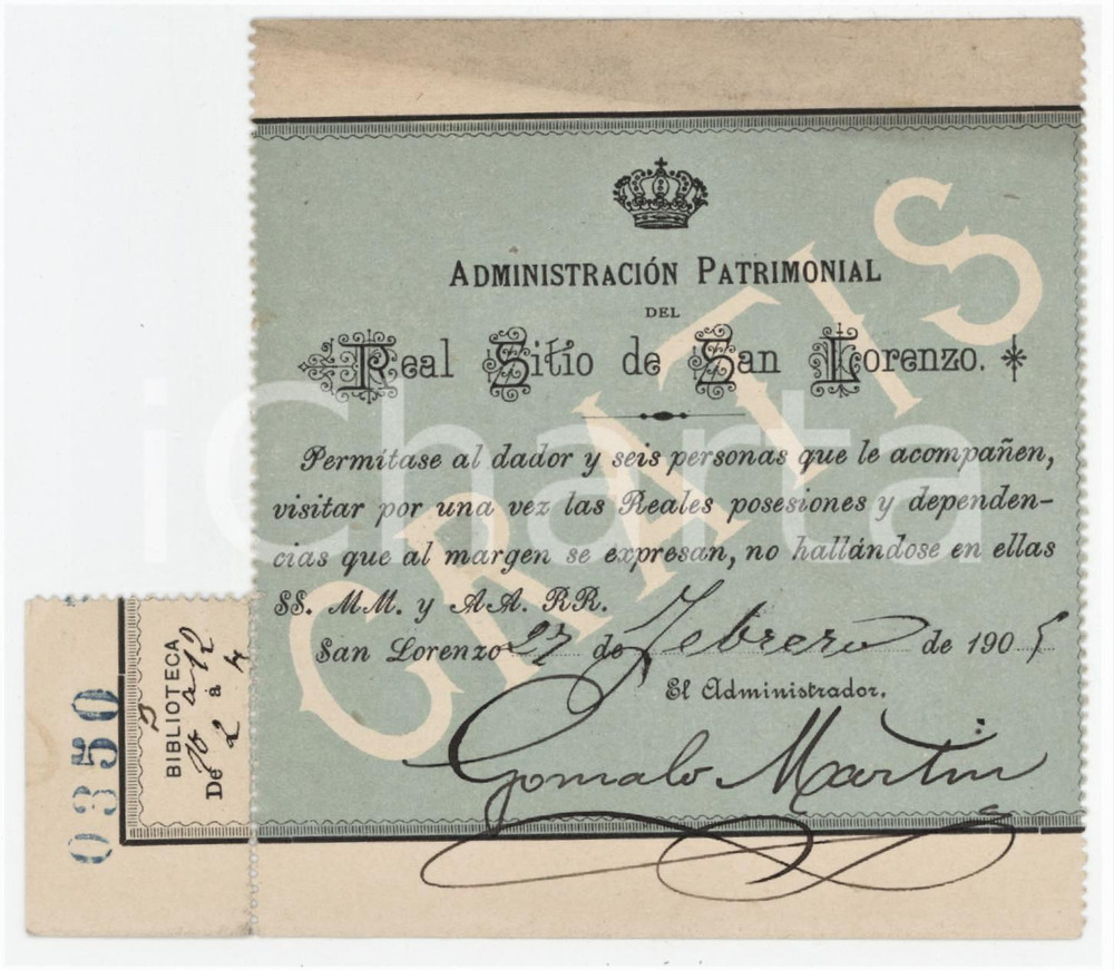 1905 ESPANA Real sitio de San Lorenzo de El Escorial - Tessera di ingresso 11x10