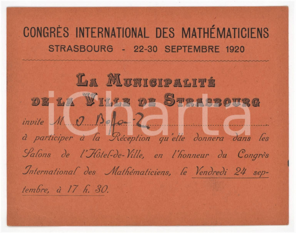 1920 STRASBOURG Congrès international de mathématiciens - Carte d'invite 12x9 cm Tessera d'epoca.  CONDIZIONI:FAIR/discreto Lieve piegatura all'angolo inferiore sinistroFORMATO: 12x9  cm originale e autentica 1