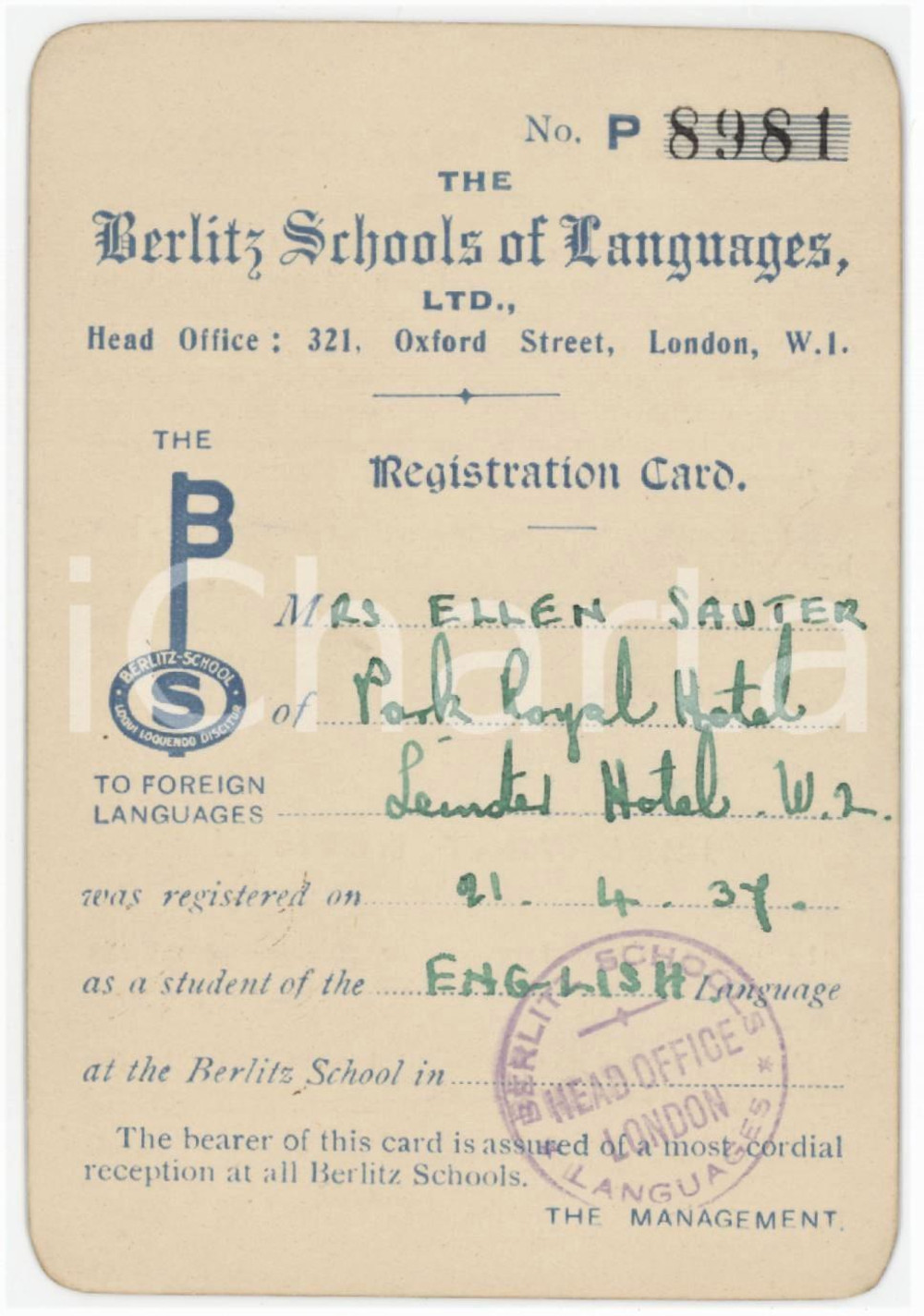 1937 LONDON Berlitz School of languages - Registration card of Ellen SAUTER 7x11