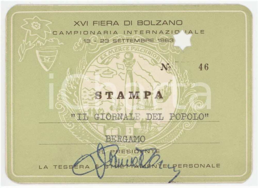 1963 - XVI FIERA DI BOLZANO Tessera stampa per IL GIORNALE DEL POPOLO Bergamo