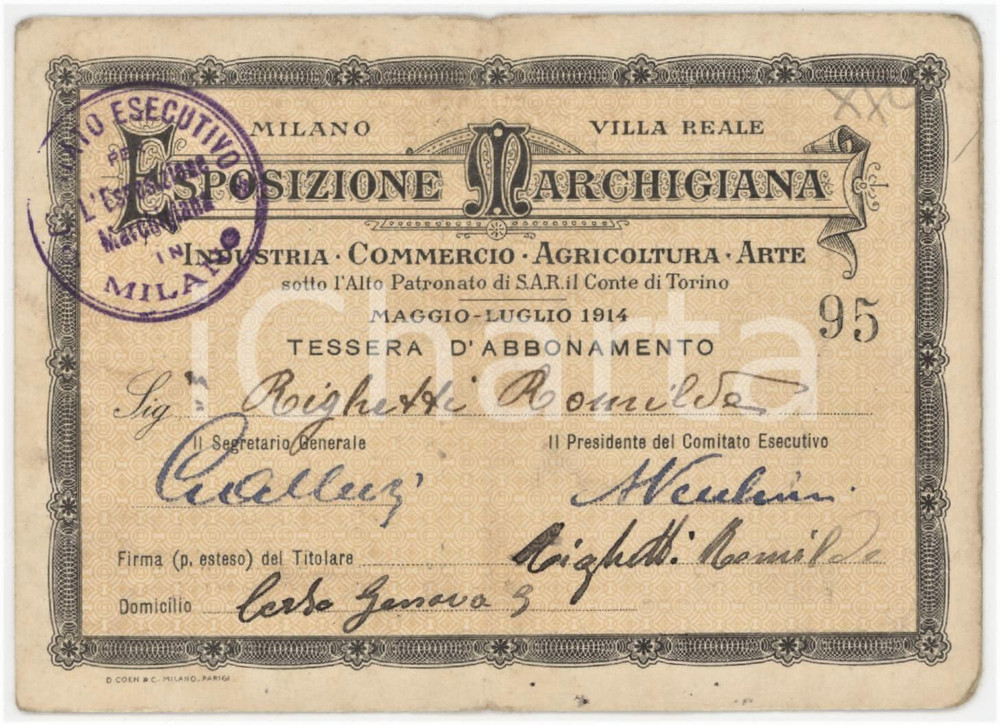 1914 MILANO Esposizione marchigiana - Tessera di Romilda RIGHETTI 12x8 cm