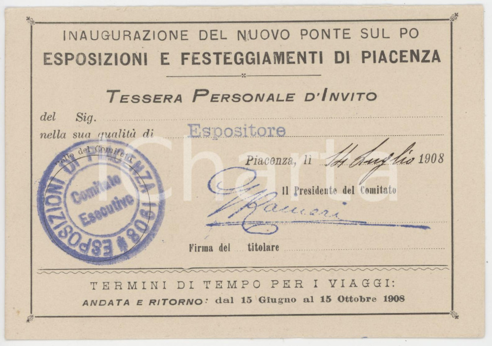1908 PIACENZA Inaugurazione nuovo ponte sul PO Tessera espositore 13x9 cm