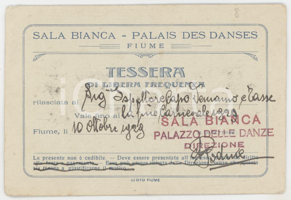 1929 FIUME Palais de danses - Sala Bianca - Tessera di libera frequenza 12x8 cm