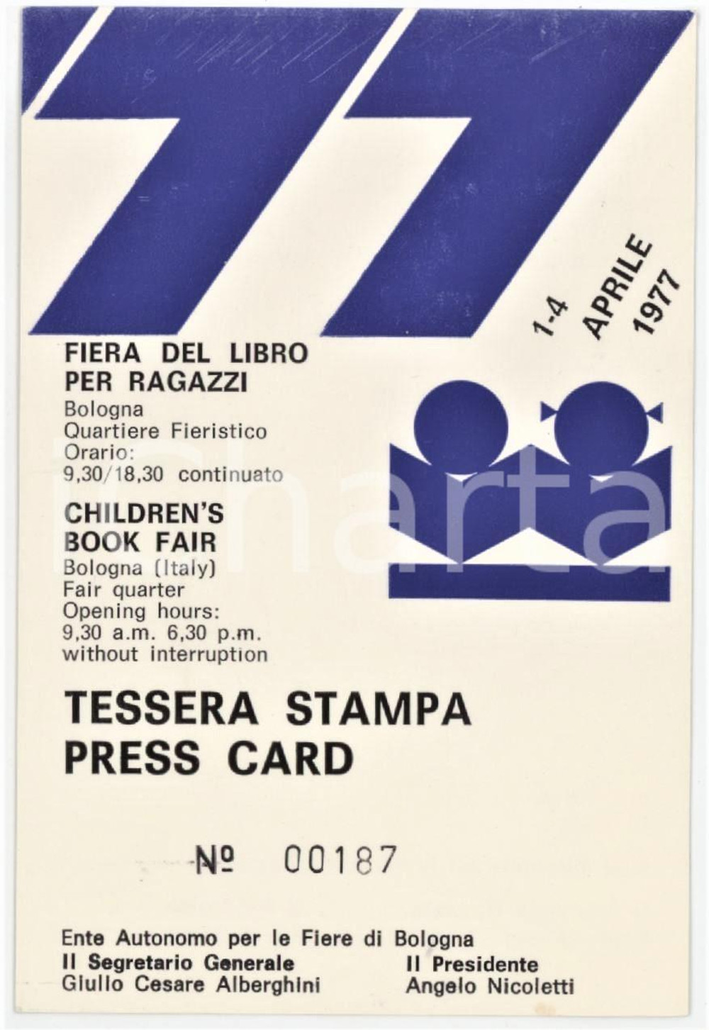 1977 BOLOGNA Fiera del libro per ragazzi - Tessera stampa 7x10 cm